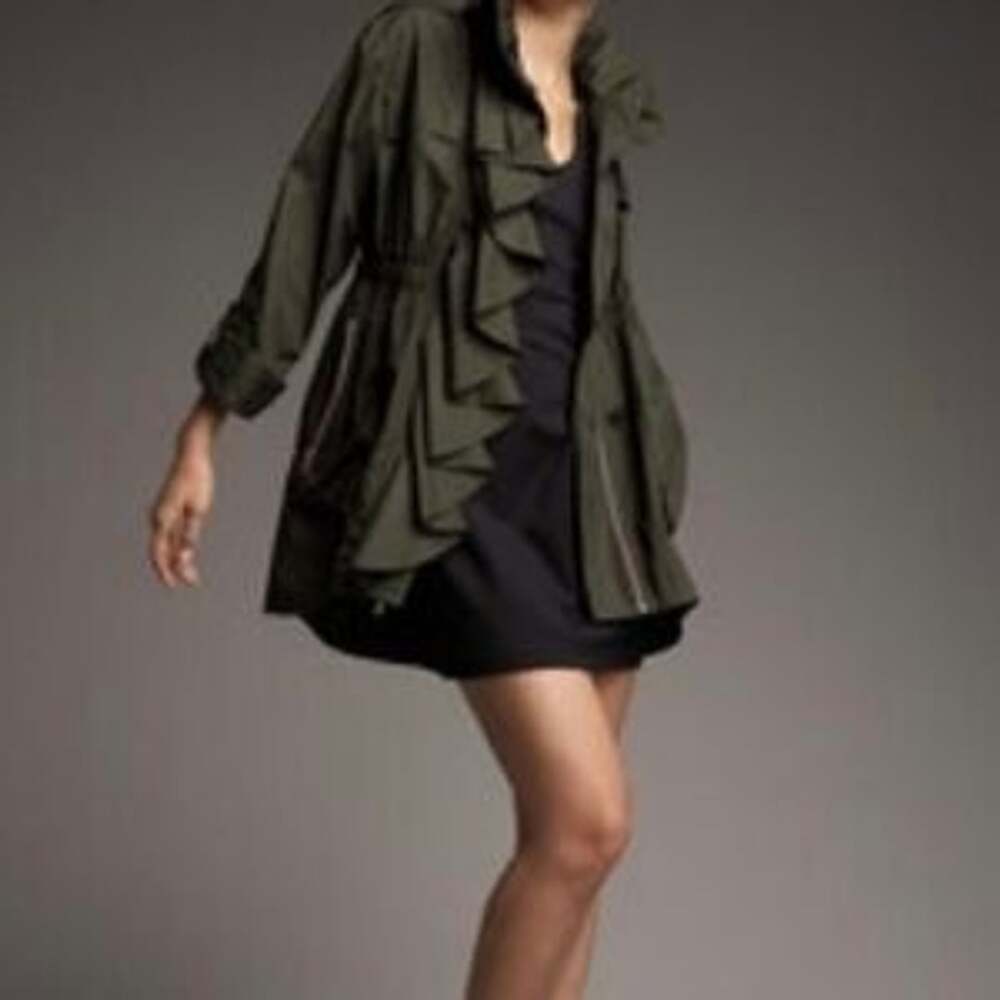 Ali Ro Olive Green Ruffle Front Utility Jacket Coat